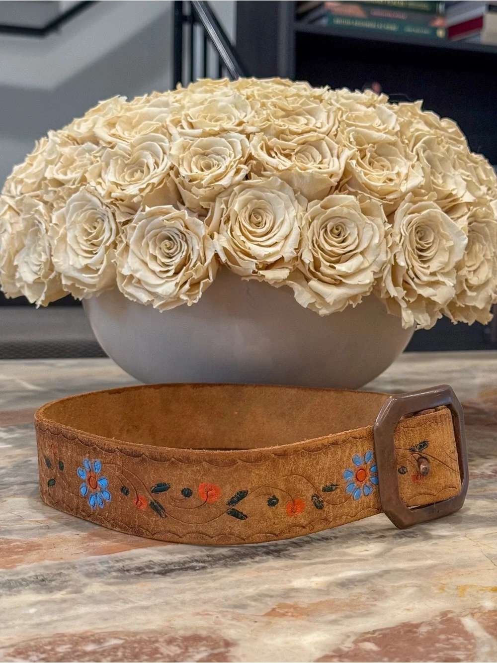 Vintage 1970s Hand Painted Tooled Leather Floral Belt XS Boho Hippie Western